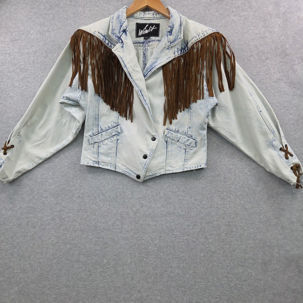 80s Vintage Festival Statement Piece WINLIT Fringe Denim Cowgirl Jacket Womens M